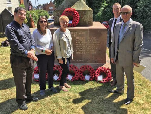 The newly unveiled War memorial at Eccleshall with 5 descendants of the Mossop family of Eccleshall. From left to right: Duncan Honeybourne, Janina Morrison, Alison Maxam, descendants of William Augustine Mossop. On the right, Rod and Stephen Mossop, descendants of his brother George